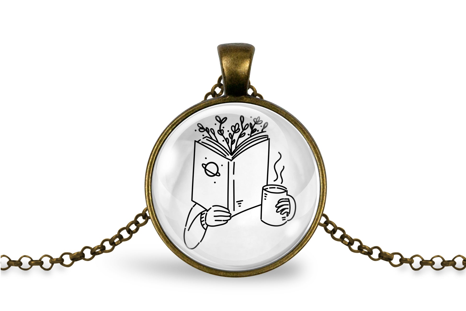Necklace with a bronze-plated pendant featuring an image of a hand holding a book with branches coming out of the top and a cup, on a white background