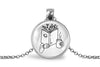 Necklace with a silver-plated pendant featuring an image of a hand holding a book with branches coming out of the top and a cup, on a white background