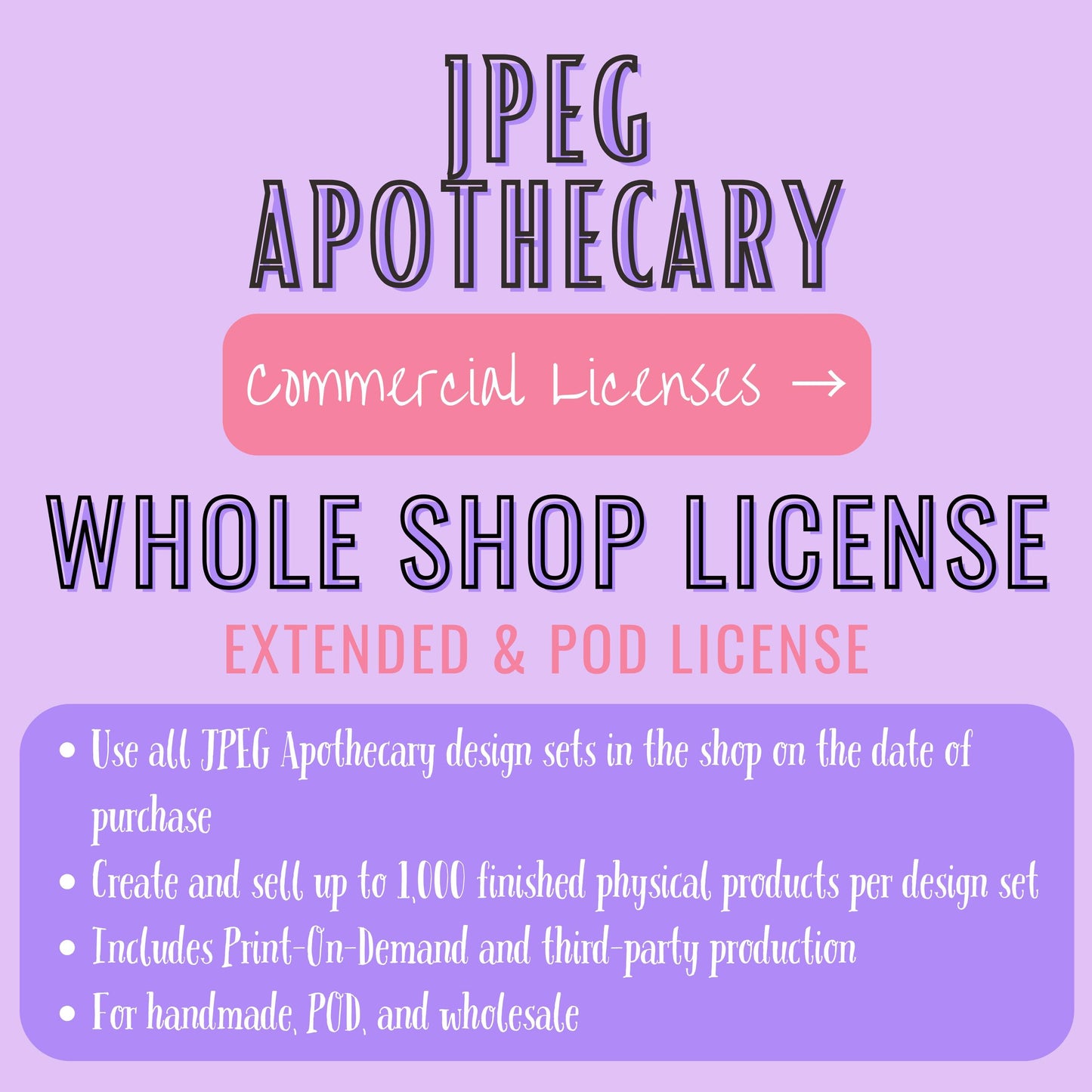 Promotional graphic for a 'JPEG Apothecary' whole shop license, featuring text on a light purple background with a pink banner and a light purple information box detailing license terms.