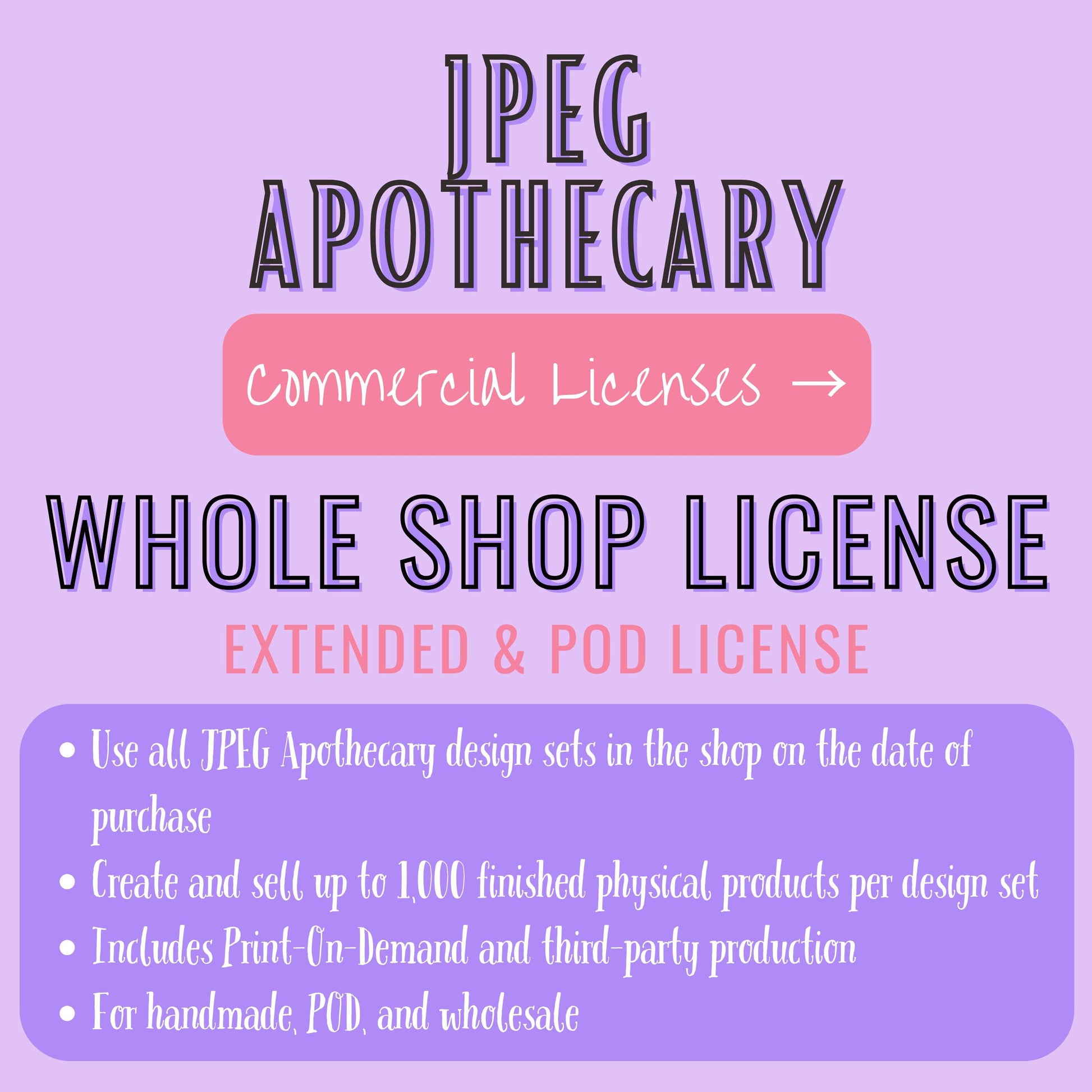 Promotional graphic for a 'JPEG Apothecary' whole shop license, featuring text on a light purple background with a pink banner and a light purple information box detailing license terms.
