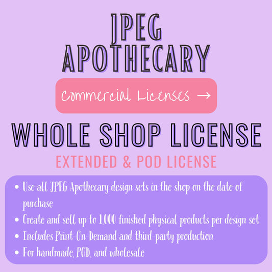 Promotional graphic for a 'JPEG Apothecary' whole shop license, featuring text on a light purple background with a pink banner and a light purple information box detailing license terms.