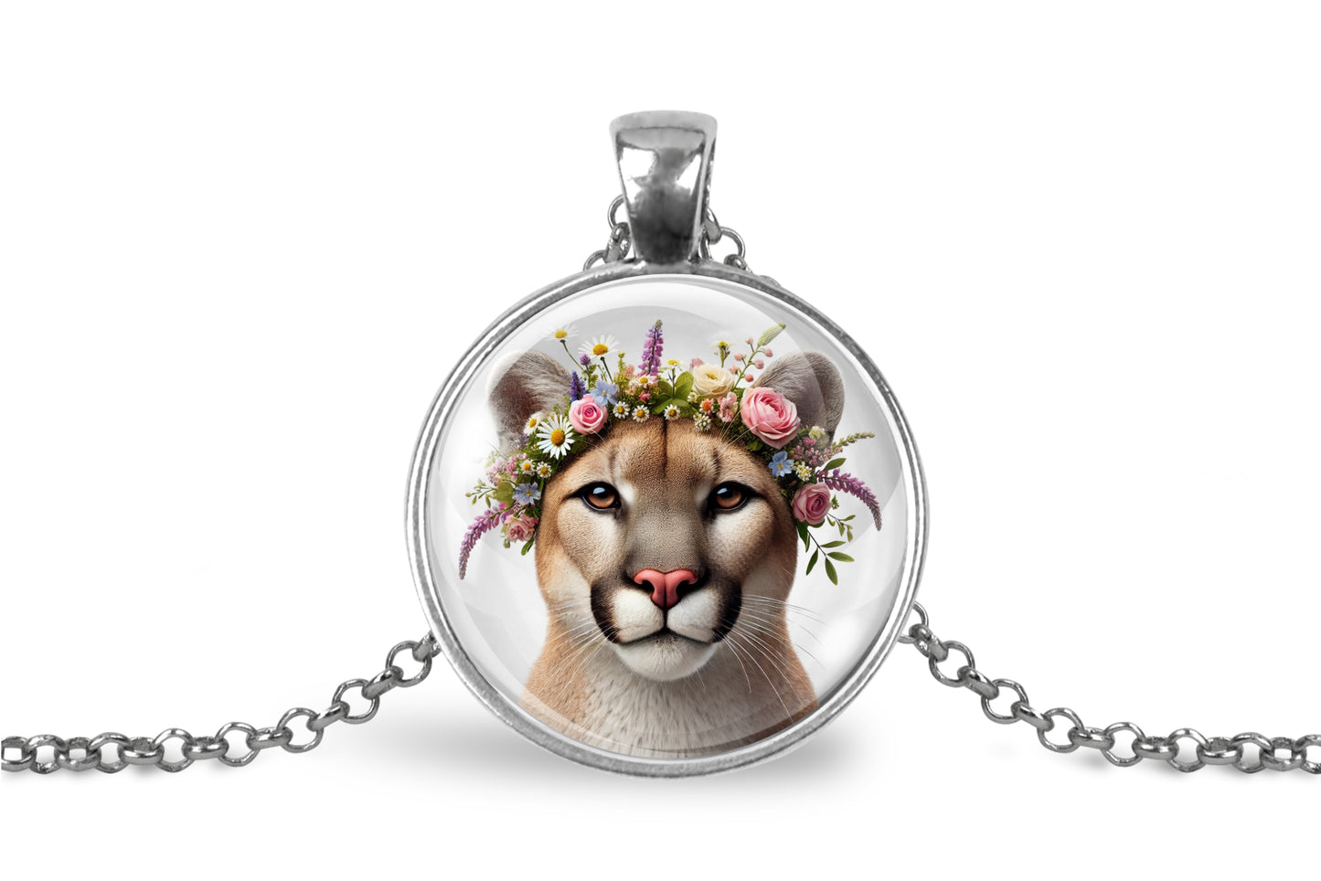 Necklace with pendant featuring a mountain lion wearing a floral crown on a white background