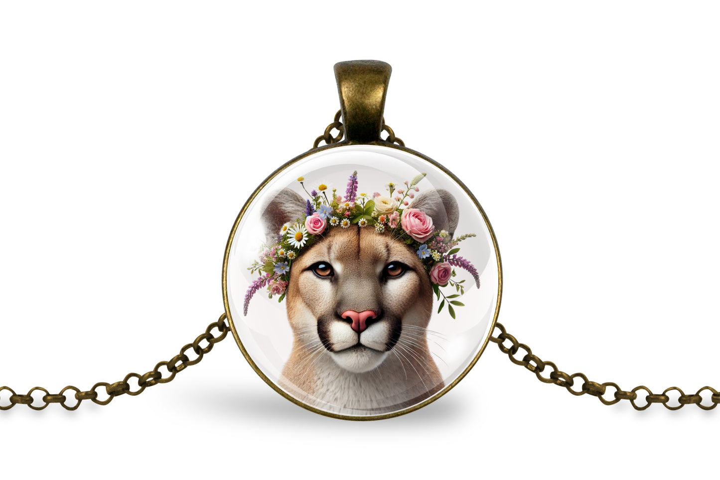 Necklace with a round pendant featuring a cougar's face with floral crown on a white background
