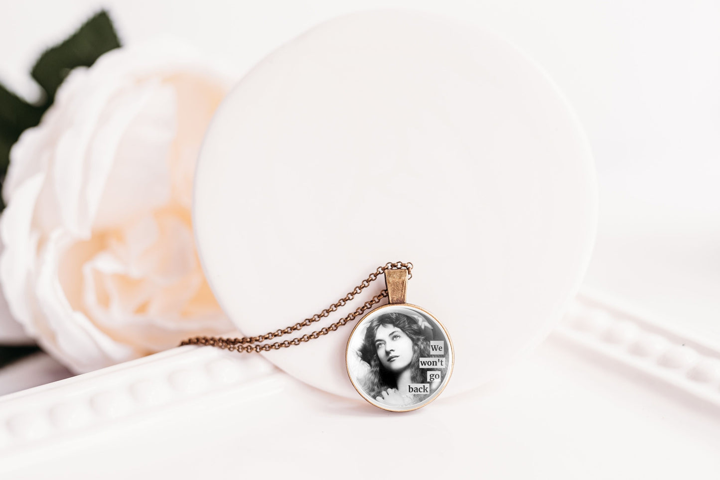 Bronze-finish We Ride at Dawn Vintage Women Pendant Necklace 1 Inch, product photo 6.