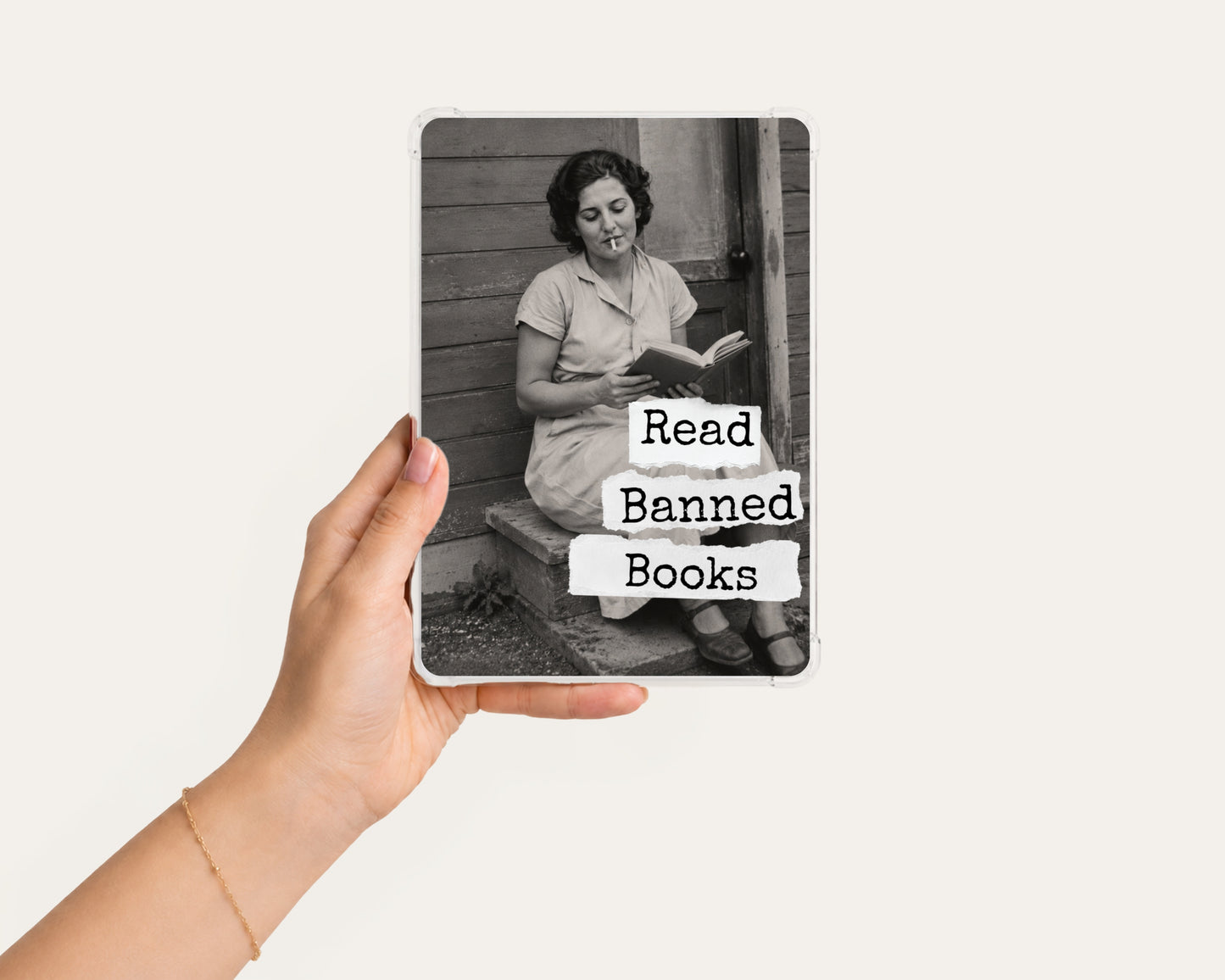 Read Banned Books printable Kindle clear case insert featuring a mid-century woman reading on her porch steps, shown in a clean hand-held mockup on a light background.