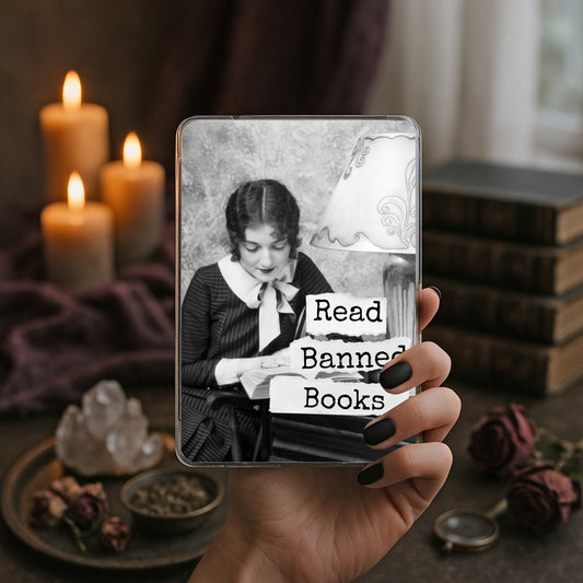 Read Banned Books printable Kindle clear case insert featuring a vintage young woman absorbed in her book, shown in a moody book-and-candle mockup.