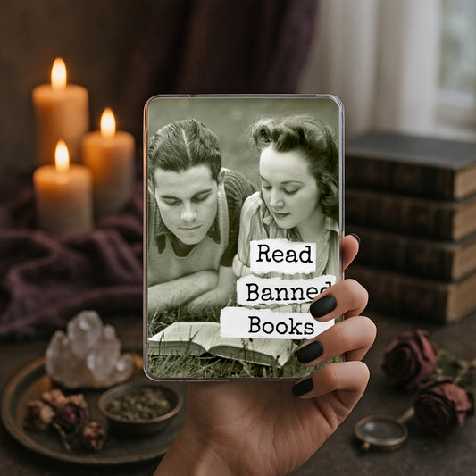 Read Banned Books printable Kindle clear case insert featuring a young vintage couple reading together, shown in a moody book-and-candle mockup.