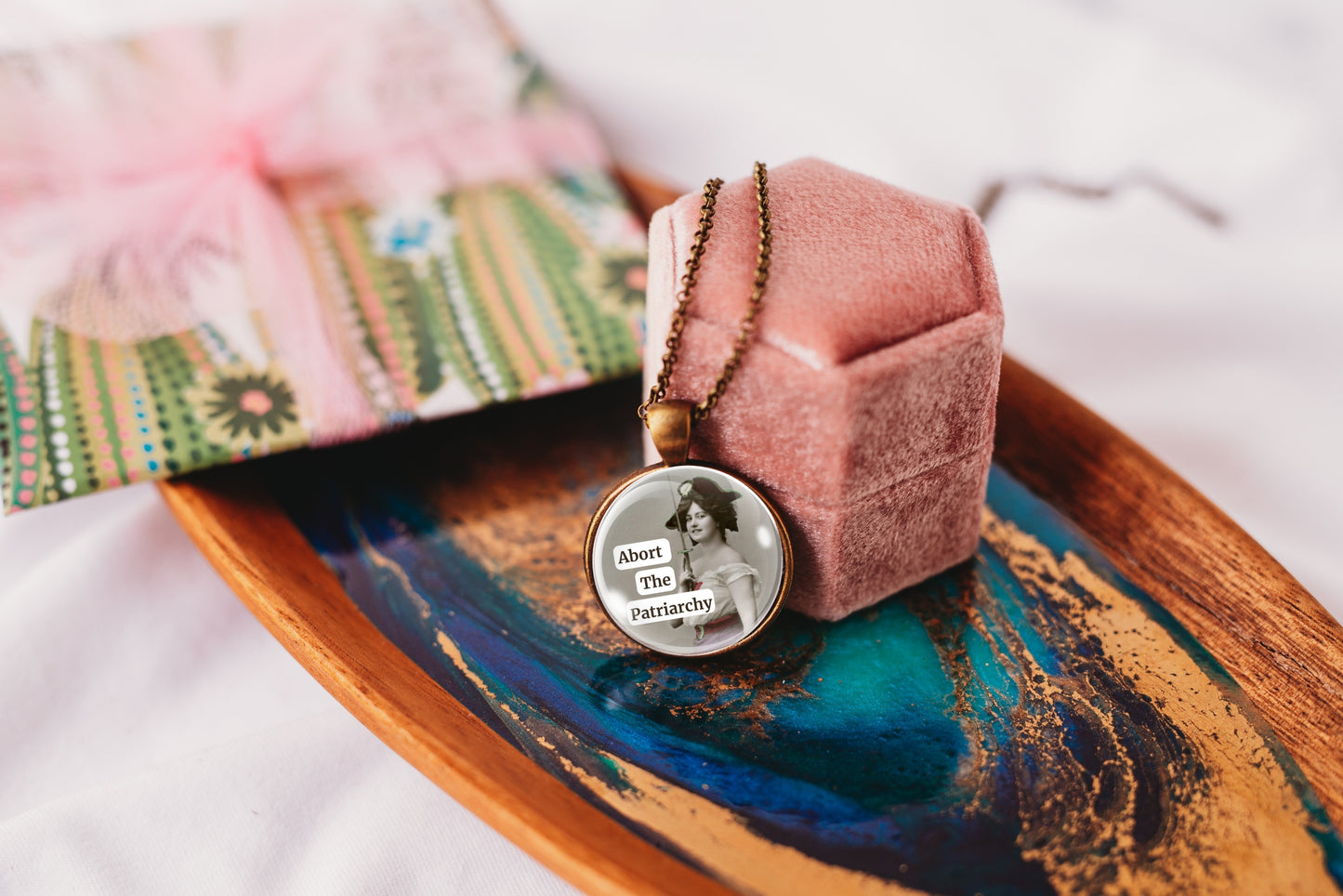 Abort the Patriarchy Feminist Pendant Necklace 1 Inch, product photo 7.