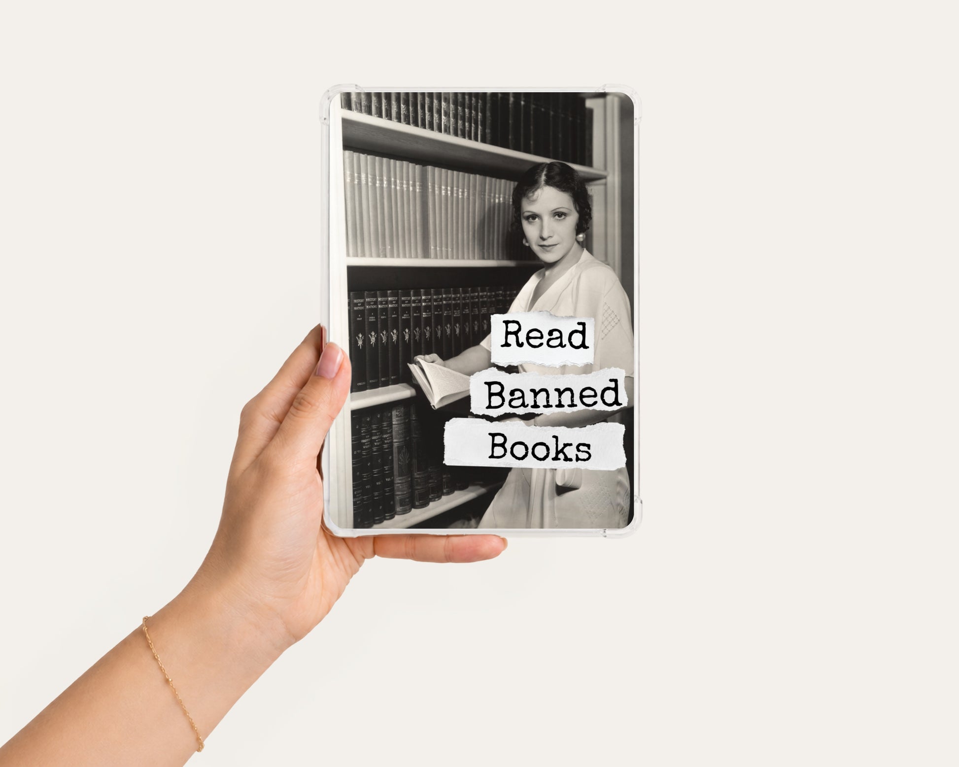 Read Banned Books printable Kindle clear case insert featuring a stylish woman reading among tall library shelves, shown in a clean hand-held mockup on a light background.