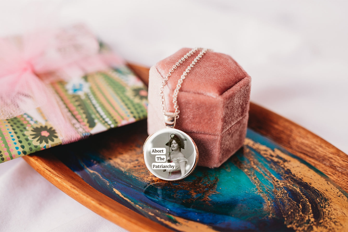 Abort the Patriarchy Feminist Pendant Necklace 1 Inch, product photo 8.