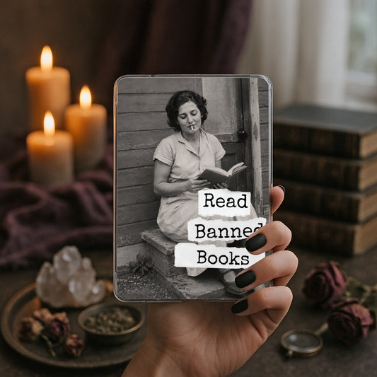 Read Banned Books printable Kindle clear case insert featuring a mid-century woman reading on her porch steps, shown in a moody book-and-candle mockup.