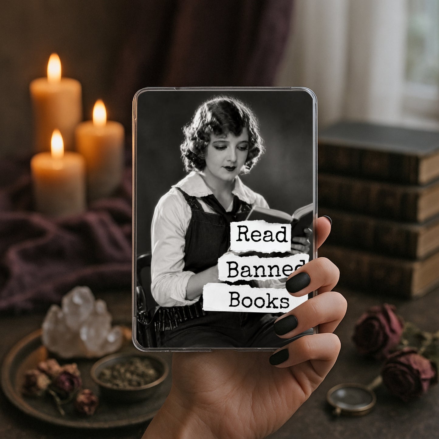 Read Banned Books printable Kindle clear case insert featuring a poised 1920s woman reading in a dark dress with a white collar, shown in a moody book-and-candle mockup.