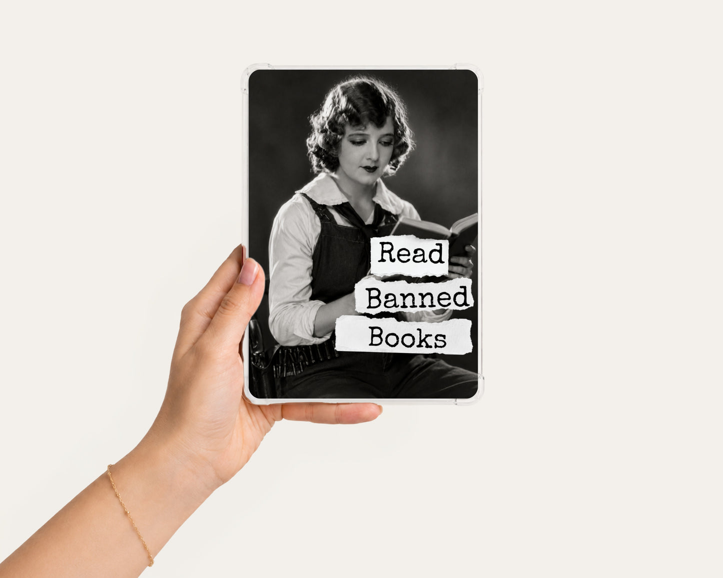 Read Banned Books printable Kindle clear case insert featuring a poised 1920s woman reading in a dark dress with a white collar, shown in a clean hand-held mockup on a light background.