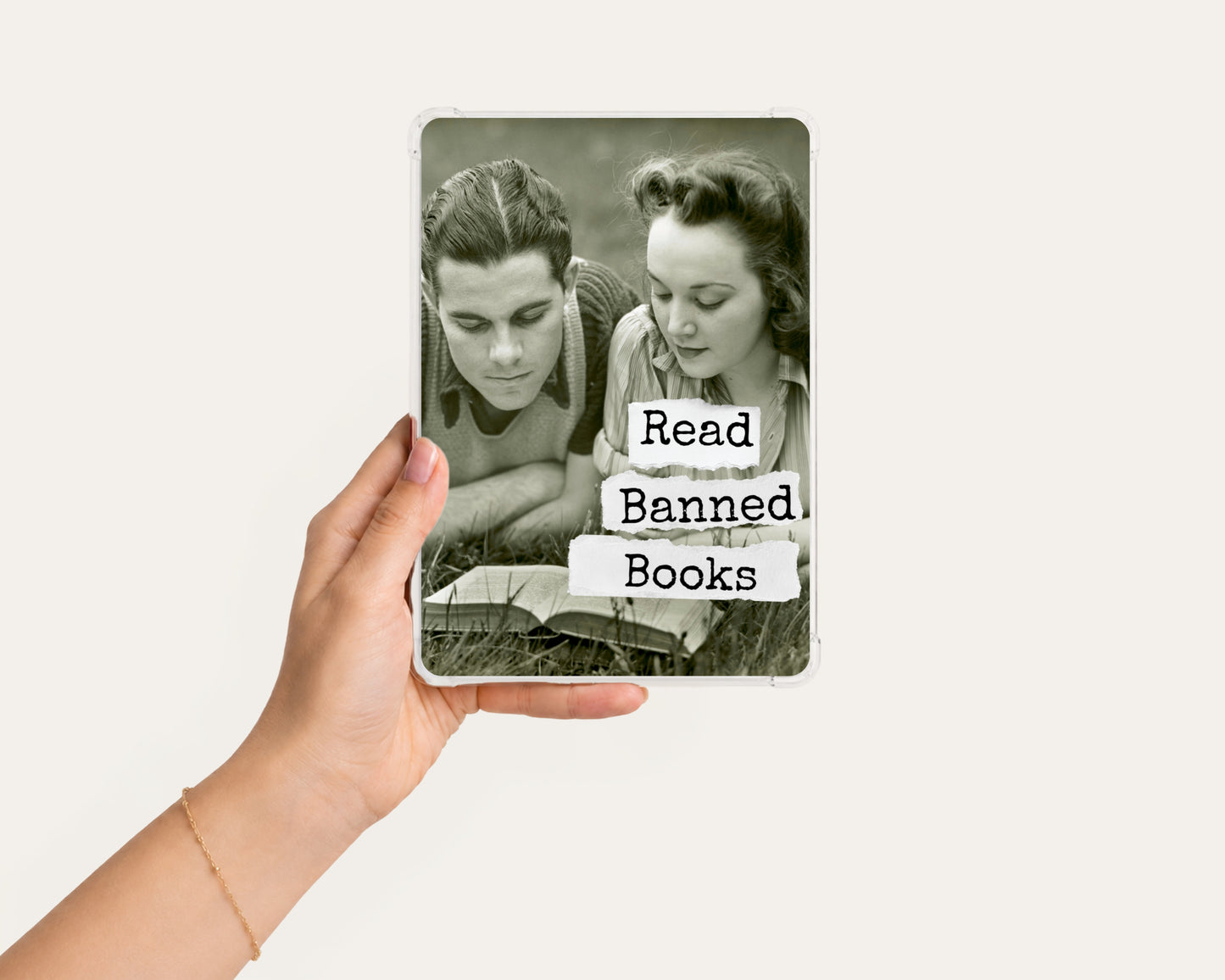 Read Banned Books printable Kindle clear case insert featuring a young vintage couple reading together, shown in a clean hand-held mockup on a light background.