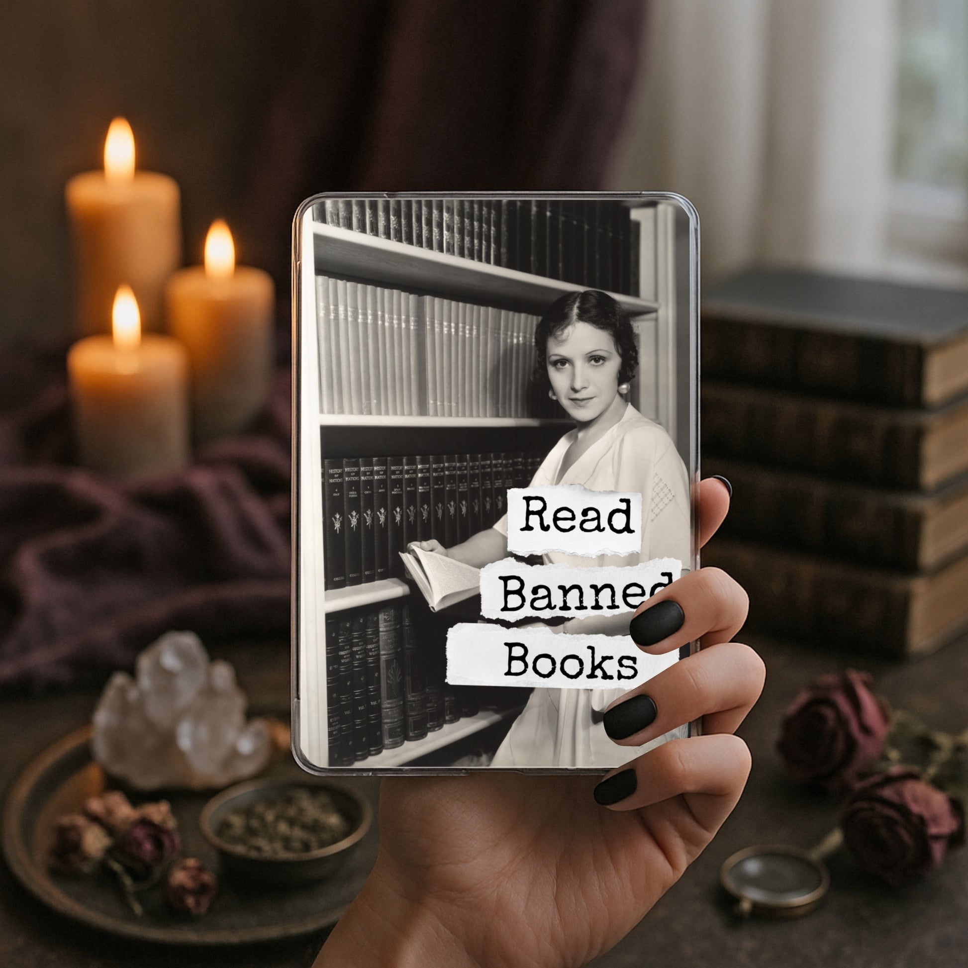 Read Banned Books printable Kindle clear case insert featuring a stylish woman reading among tall library shelves, shown in a moody book-and-candle mockup.