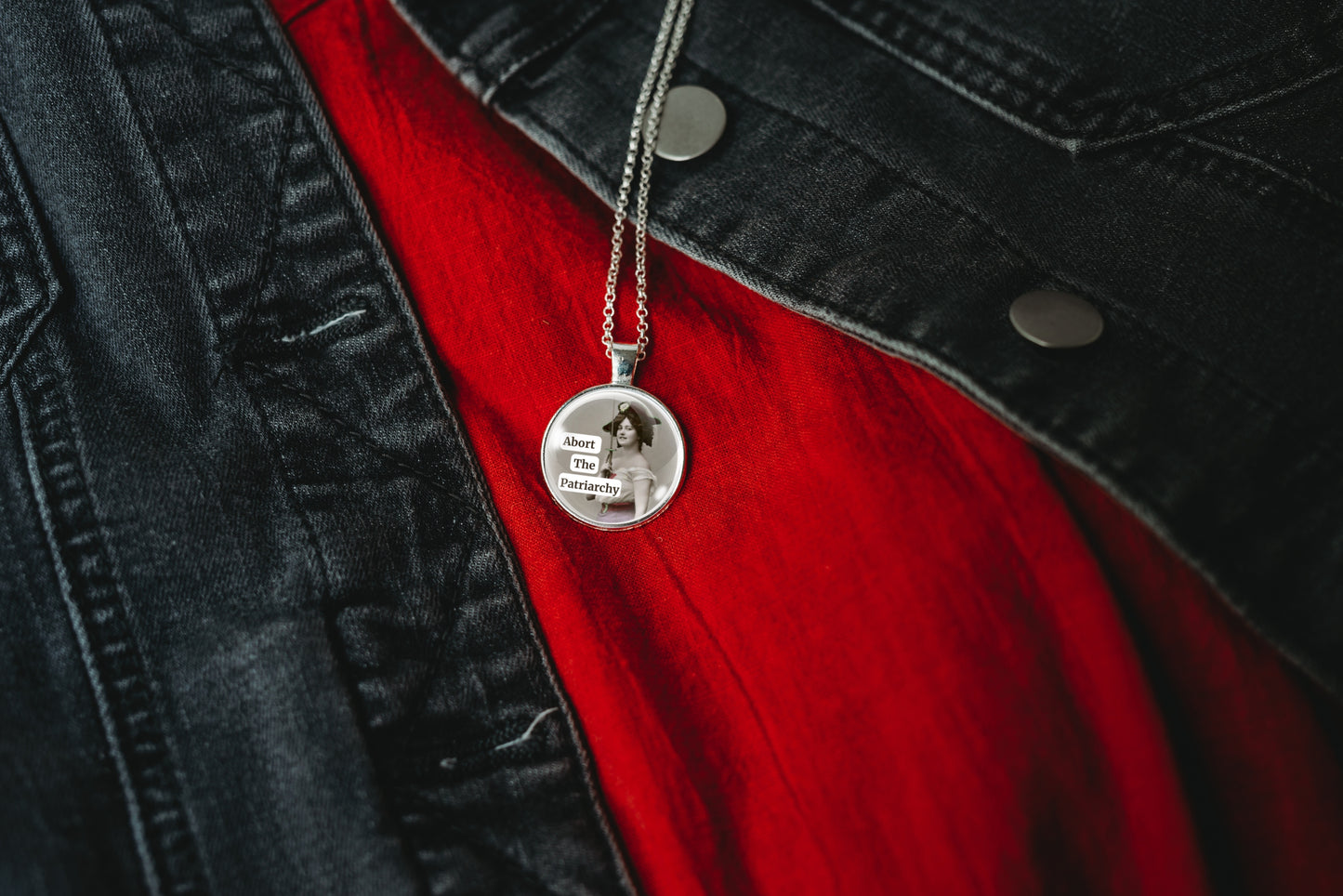 Abort the Patriarchy Feminist Pendant Necklace 1 Inch, product photo 14.