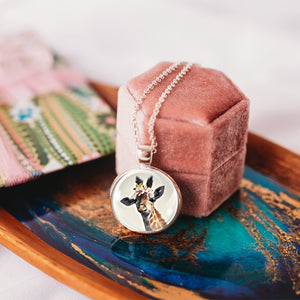 Giraffe pendant necklace with floral crown, safari jewelry gift