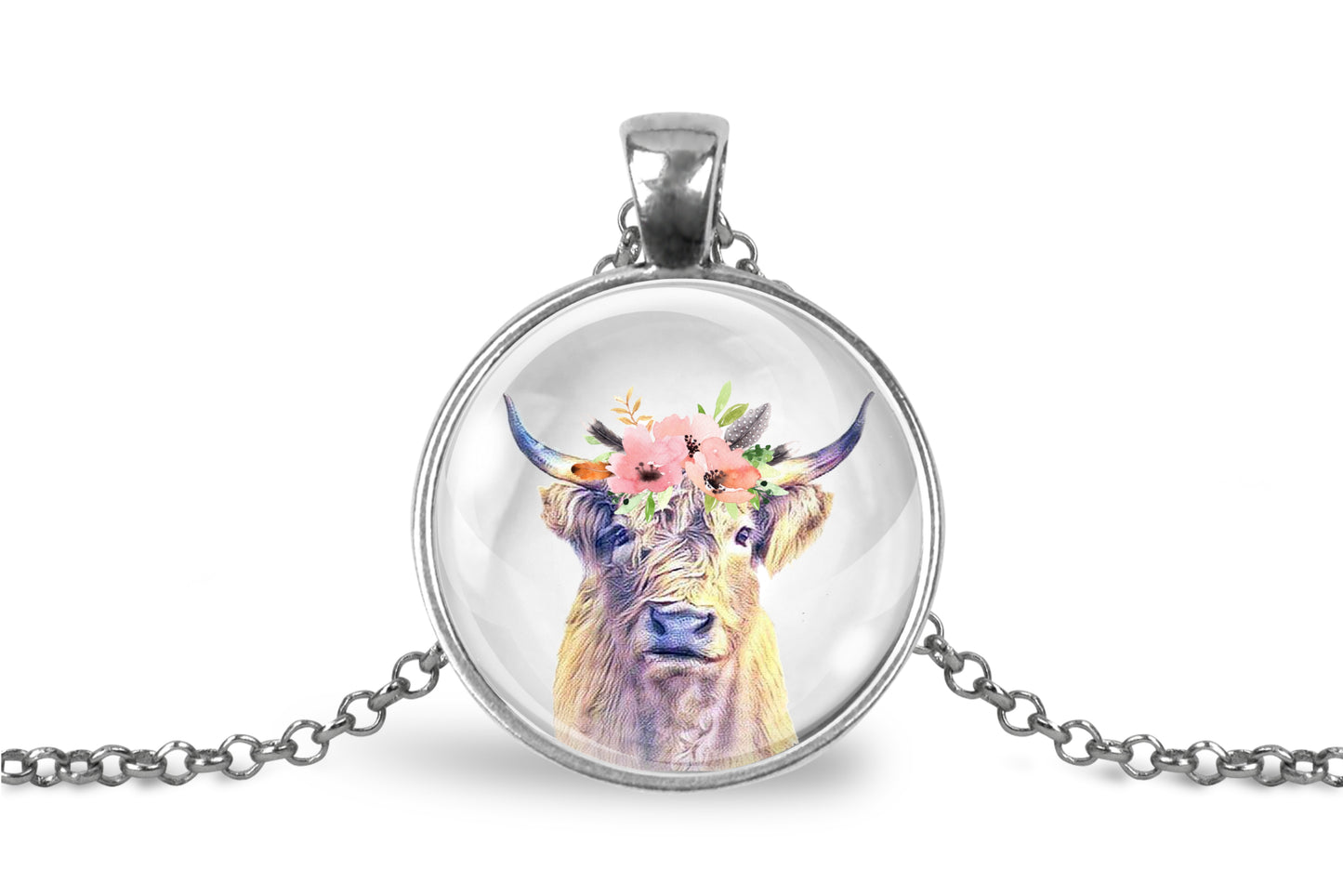 Floral Highland Cow Necklace, Farmhouse Jewelry Gift