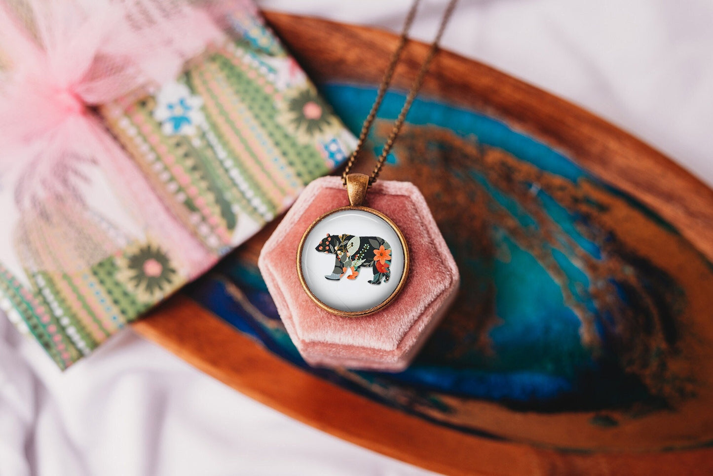 Floral Bear Necklace - Nature Lover Pendant - Woodland Animal Jewelry