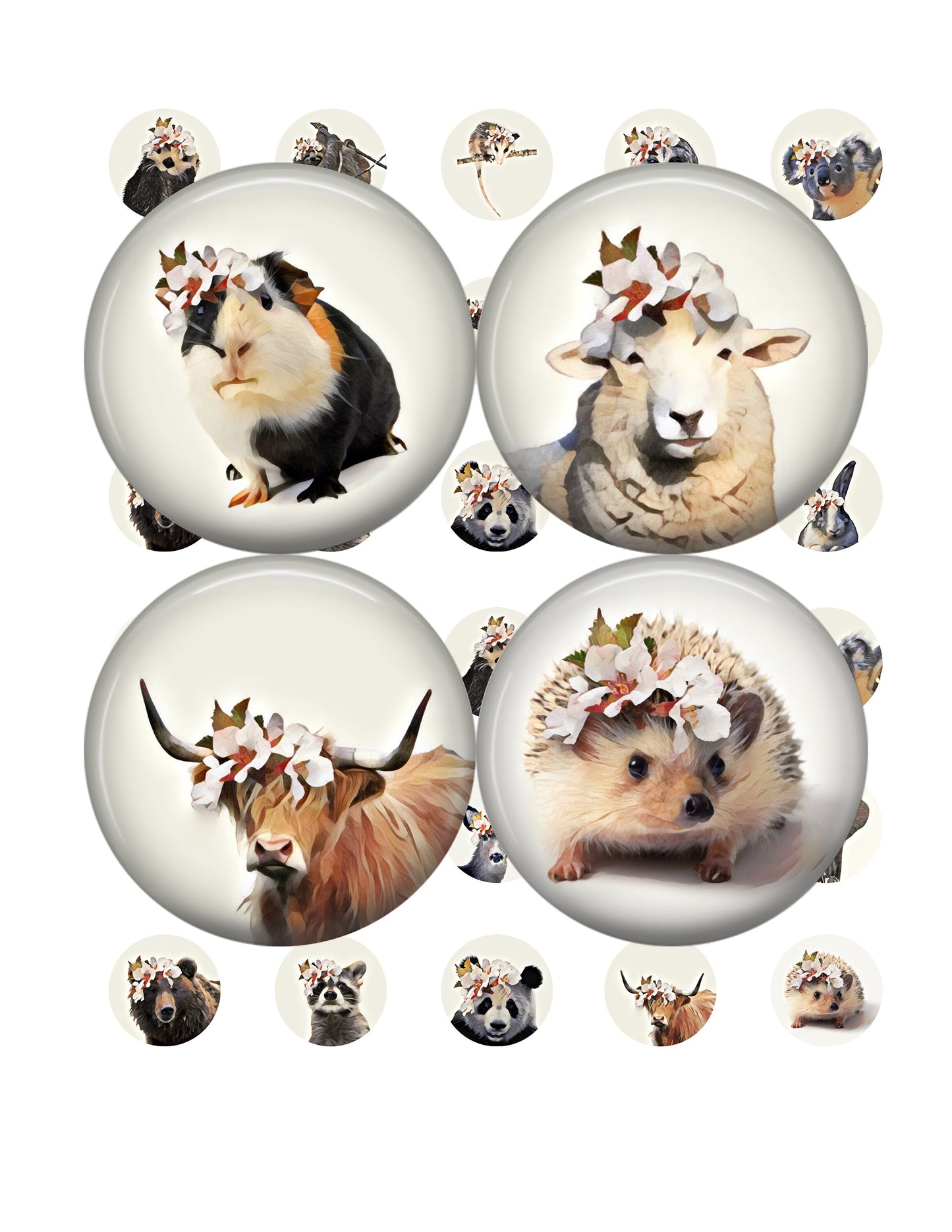 Set of bottlecap images with animal faces, including a guinea pig, sheep, highland cow, and a hedgehog on a white background