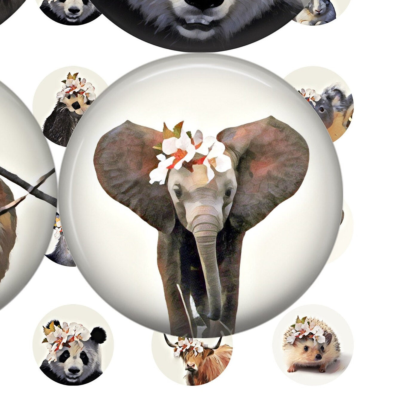 Collage of animals with decorative elements on a white background showing a baby elephant wearing a flower crown close up. 