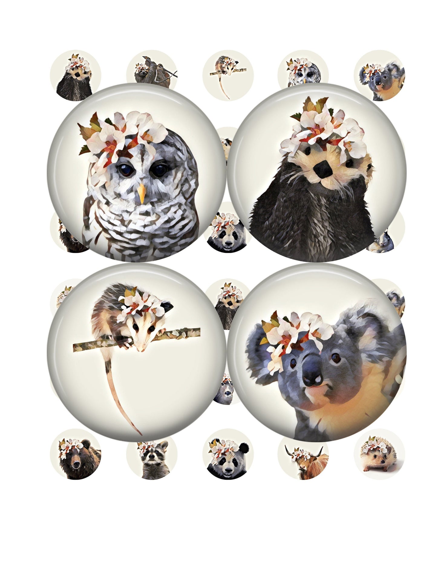 Set of animal-themed bottlecap images with various animals, including an owl, an otter, an opossum, and a koala, on a white background