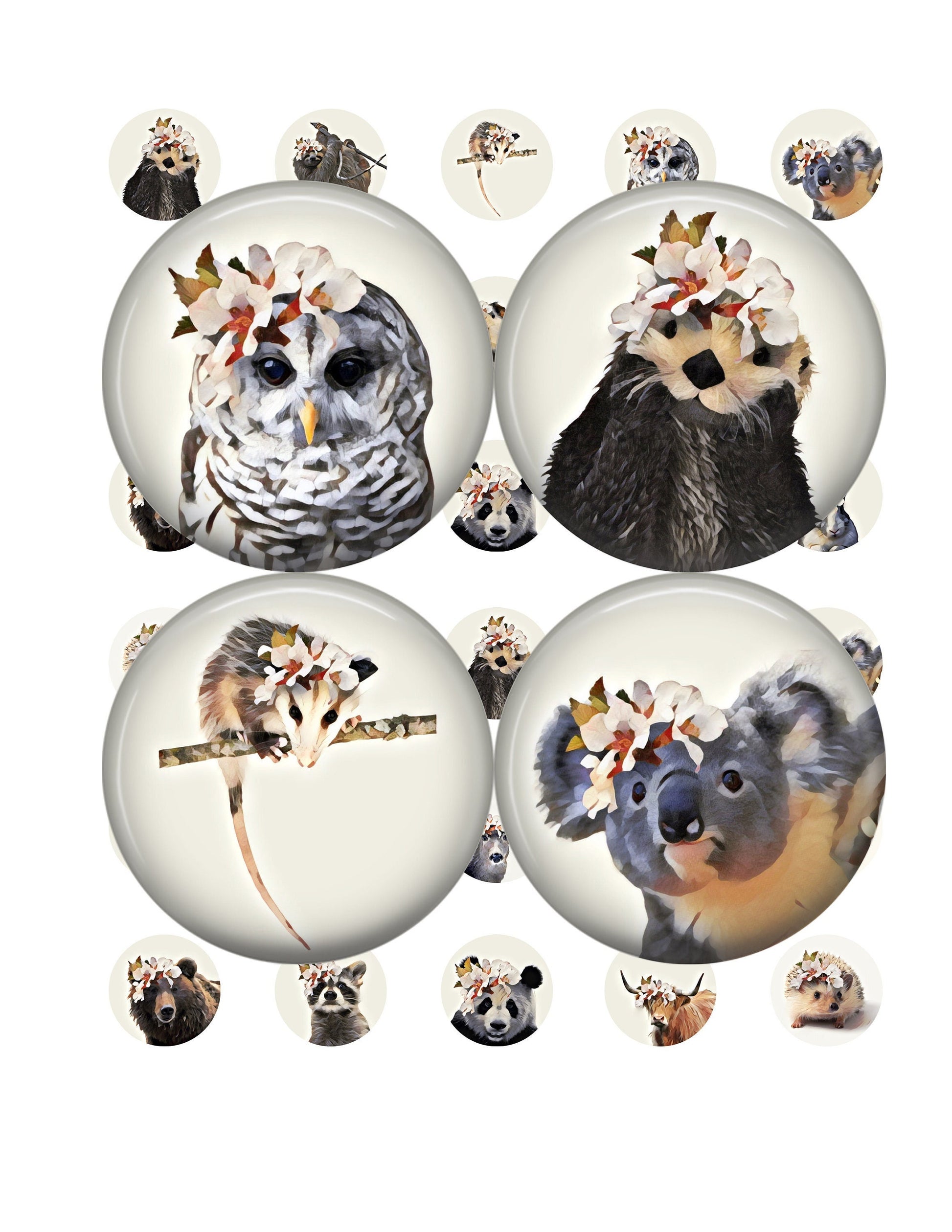 Set of animal-themed bottlecap images with various animals, including an owl, an otter, an opossum, and a koala, on a white background