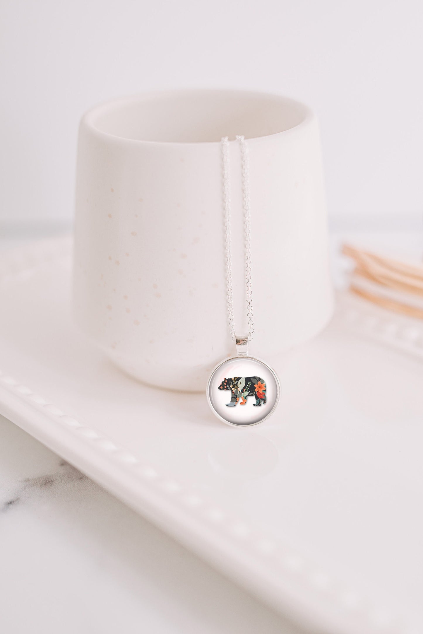 Floral Bear Necklace - Nature Lover Pendant - Woodland Animal Jewelry