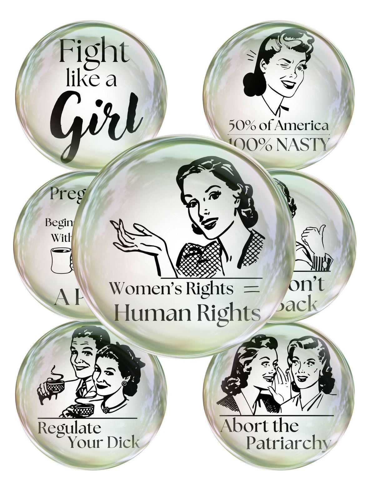 Set of cabochon circle images with feminist-themed messages on a white background