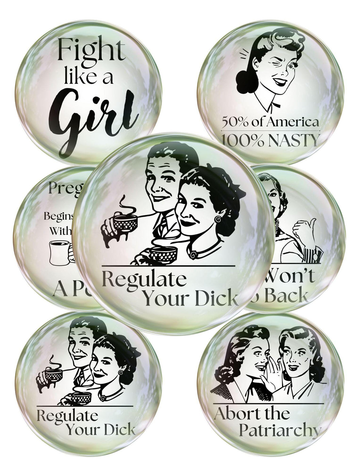 Set of cabochon circle images with feminist-themed designs on a white background