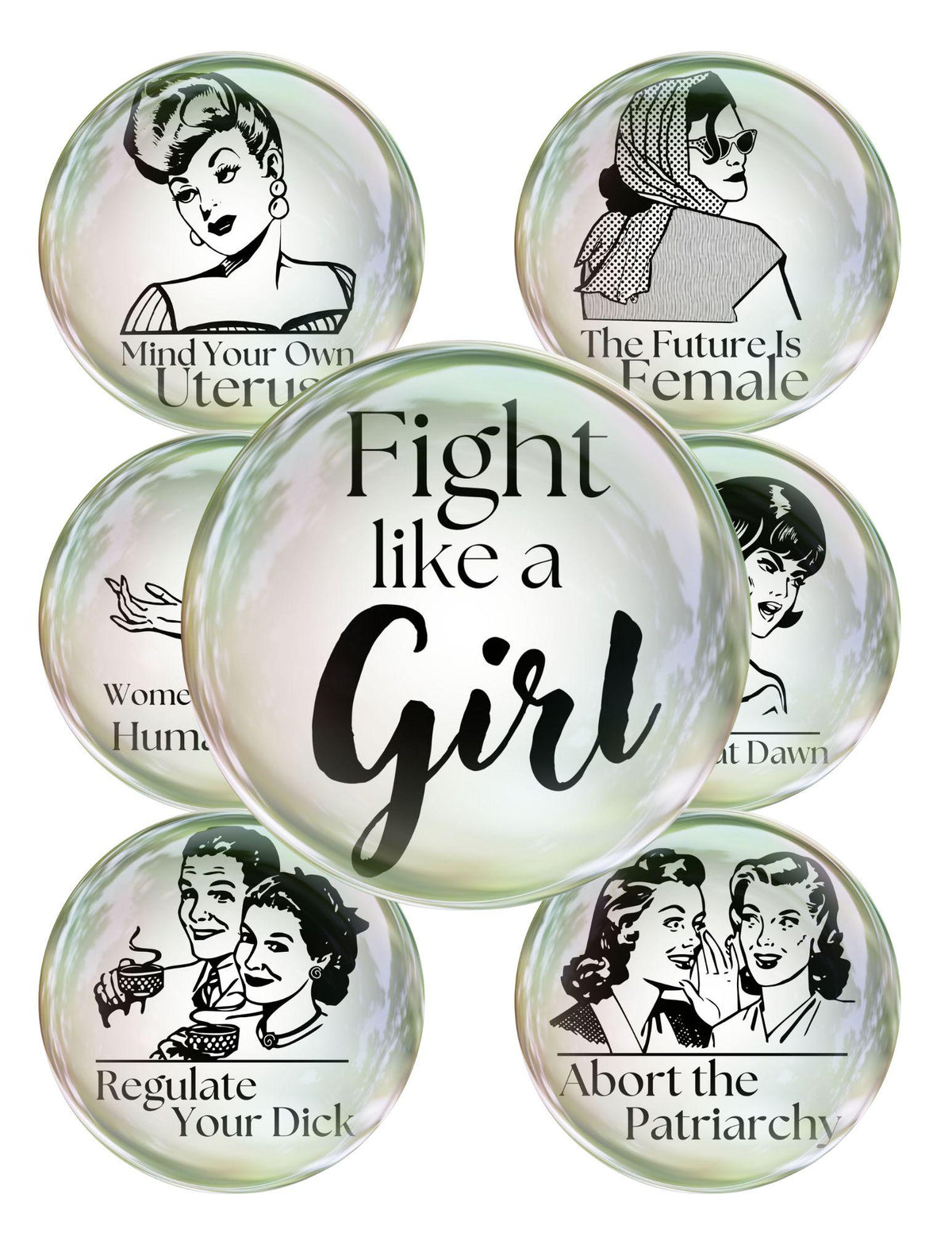 Set of cabochon circle images with feminist-themed designs on a white background