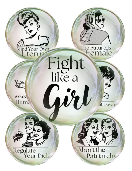 Set of cabochon circle images with feminist-themed designs on a white background
