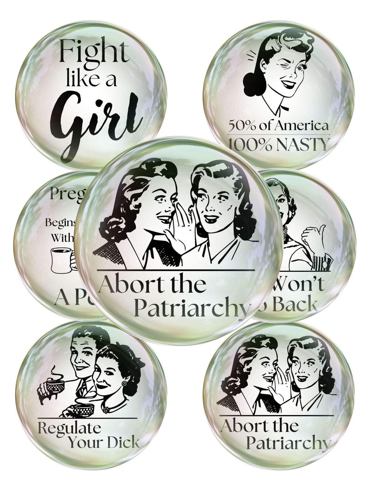 Set of cabochon circle images with feminist-themed designs and text on a white background