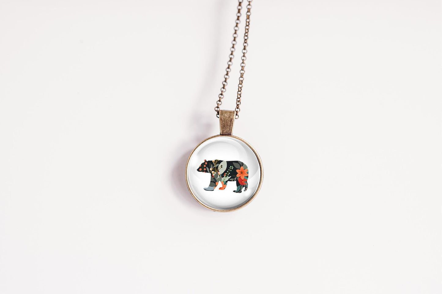 Floral Bear Necklace - Nature Lover Pendant - Woodland Animal Jewelry