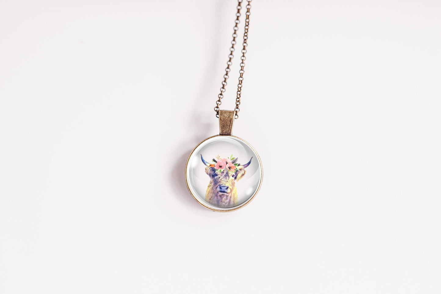 Floral Highland Cow Necklace, Farmhouse Jewelry Gift
