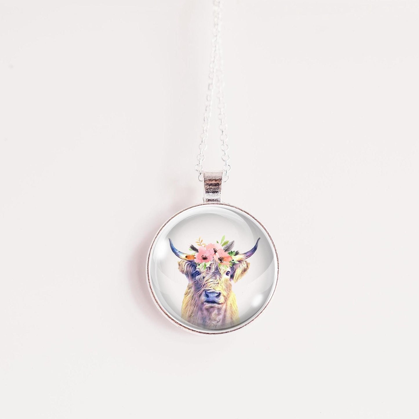 Floral Highland Cow Necklace, Farmhouse Jewelry Gift
