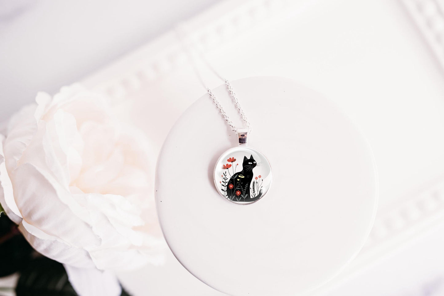 Black Cat Necklace – Floral Wildflower Pendant