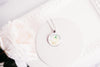 Honeysuckle necklace June birth flower on white plate with floral styling – silver-tone pendant