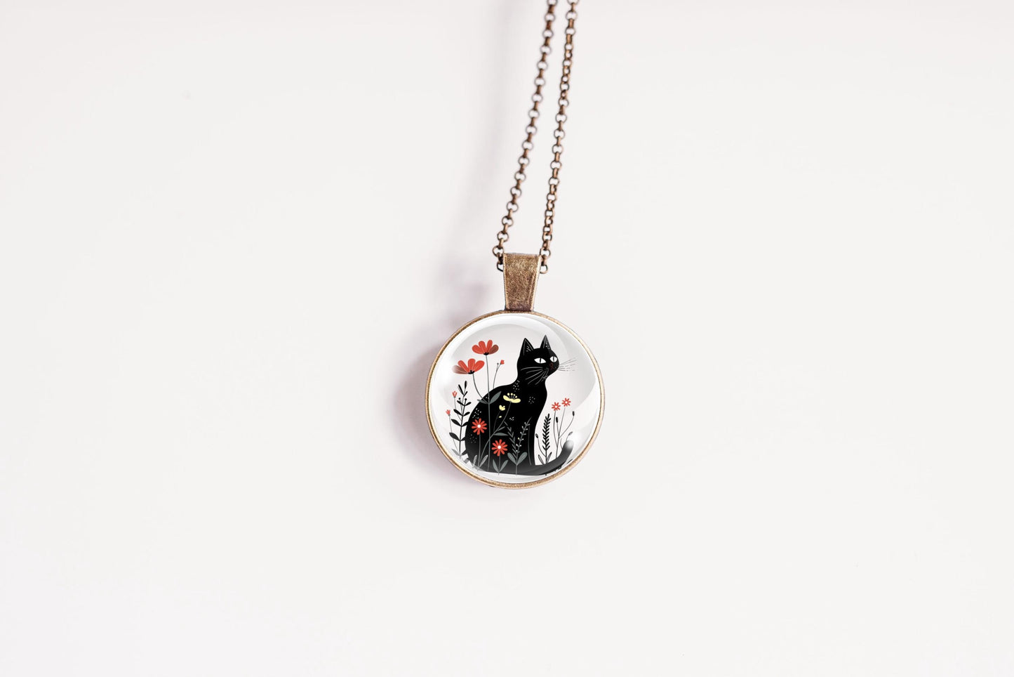 Black Cat Necklace – Floral Wildflower Pendant