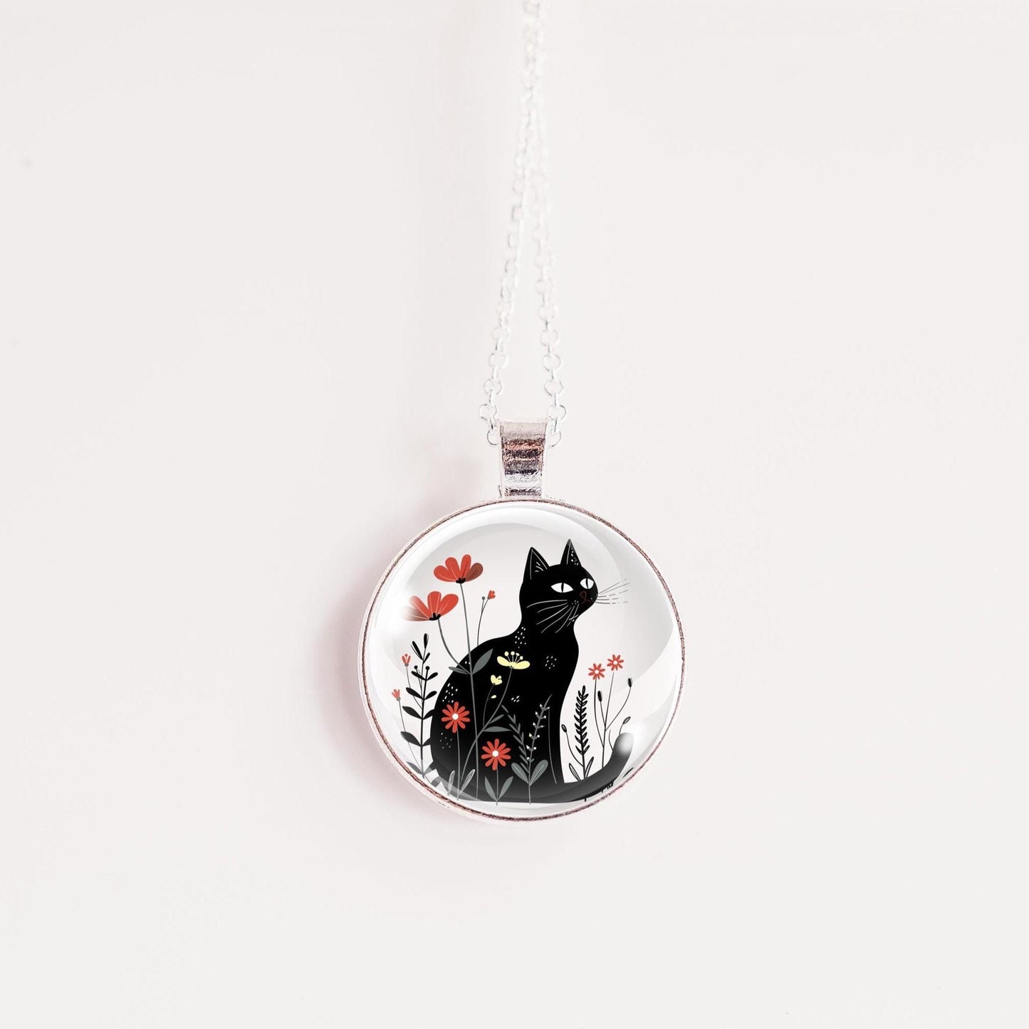 Black Cat Necklace – Floral Wildflower Pendant