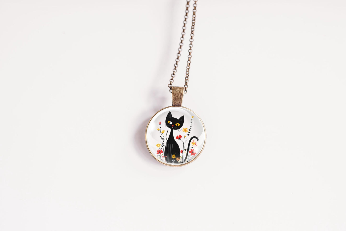 Black Cat and Flowers Necklace: Whimsical Feline Jewelry