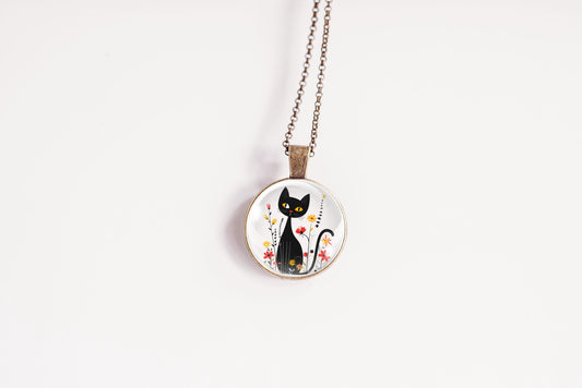 Black Cat and Flowers Necklace: Whimsical Feline Jewelry