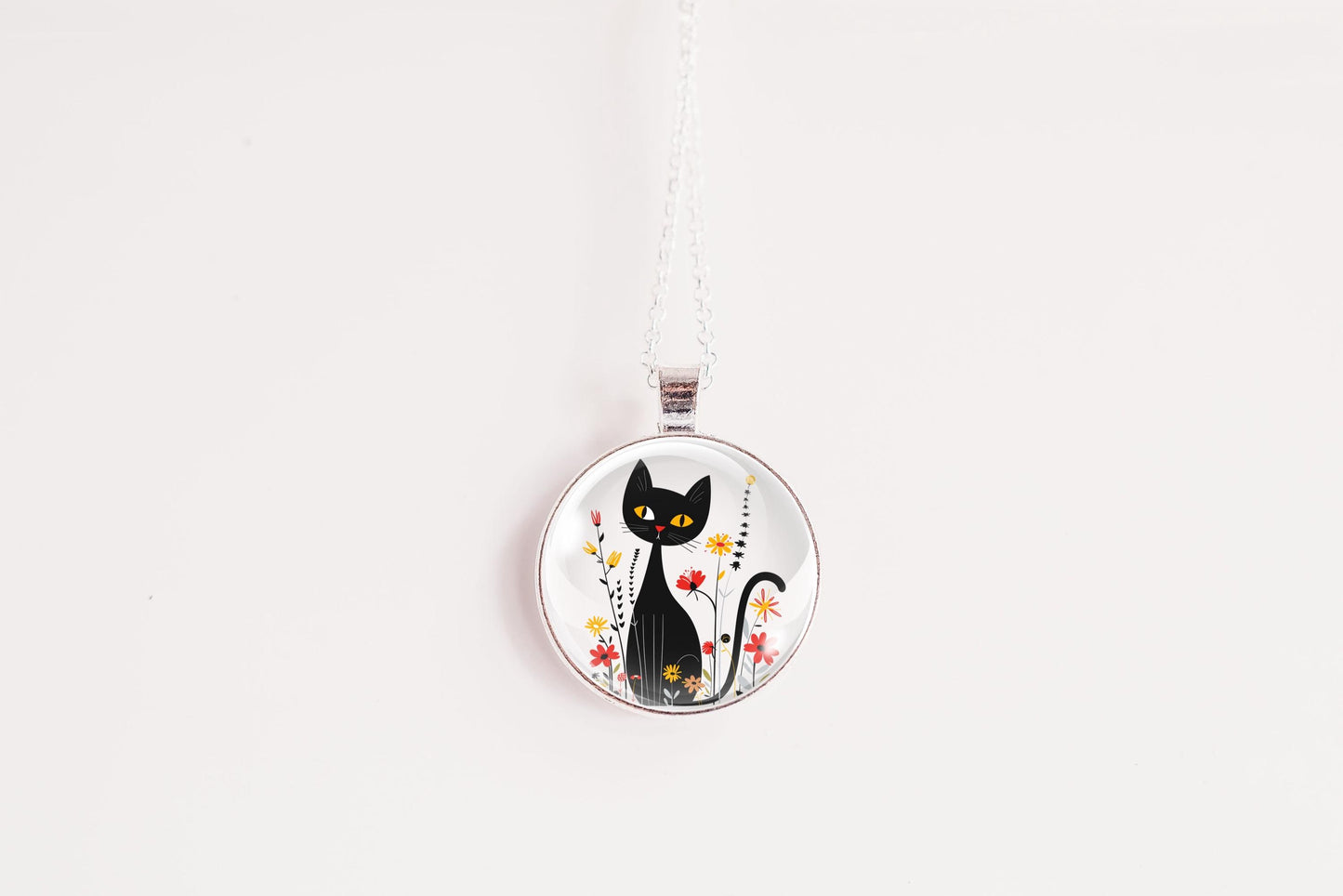 Black Cat and Flowers Necklace: Whimsical Feline Jewelry
