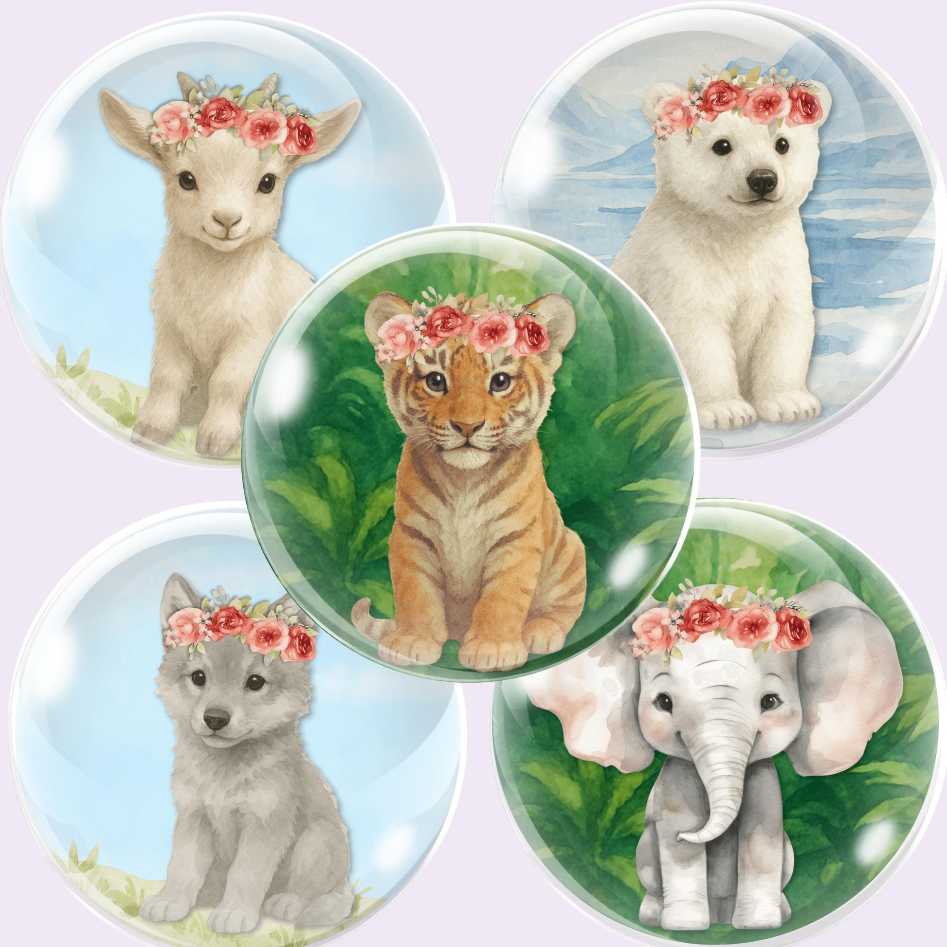 Set of five animal-themed cabochon circles with flowers on their heads against a light purple background.