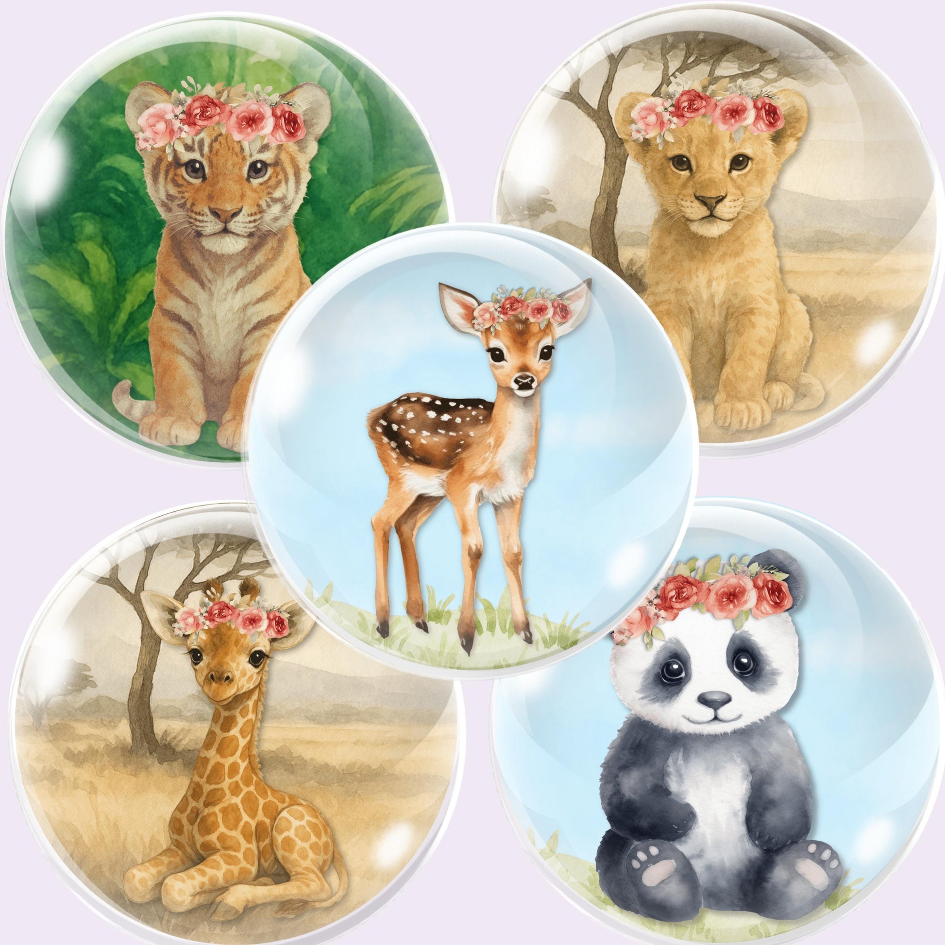 Set of five animal-themed cabochon circles with flowers on their heads on a light purple background.