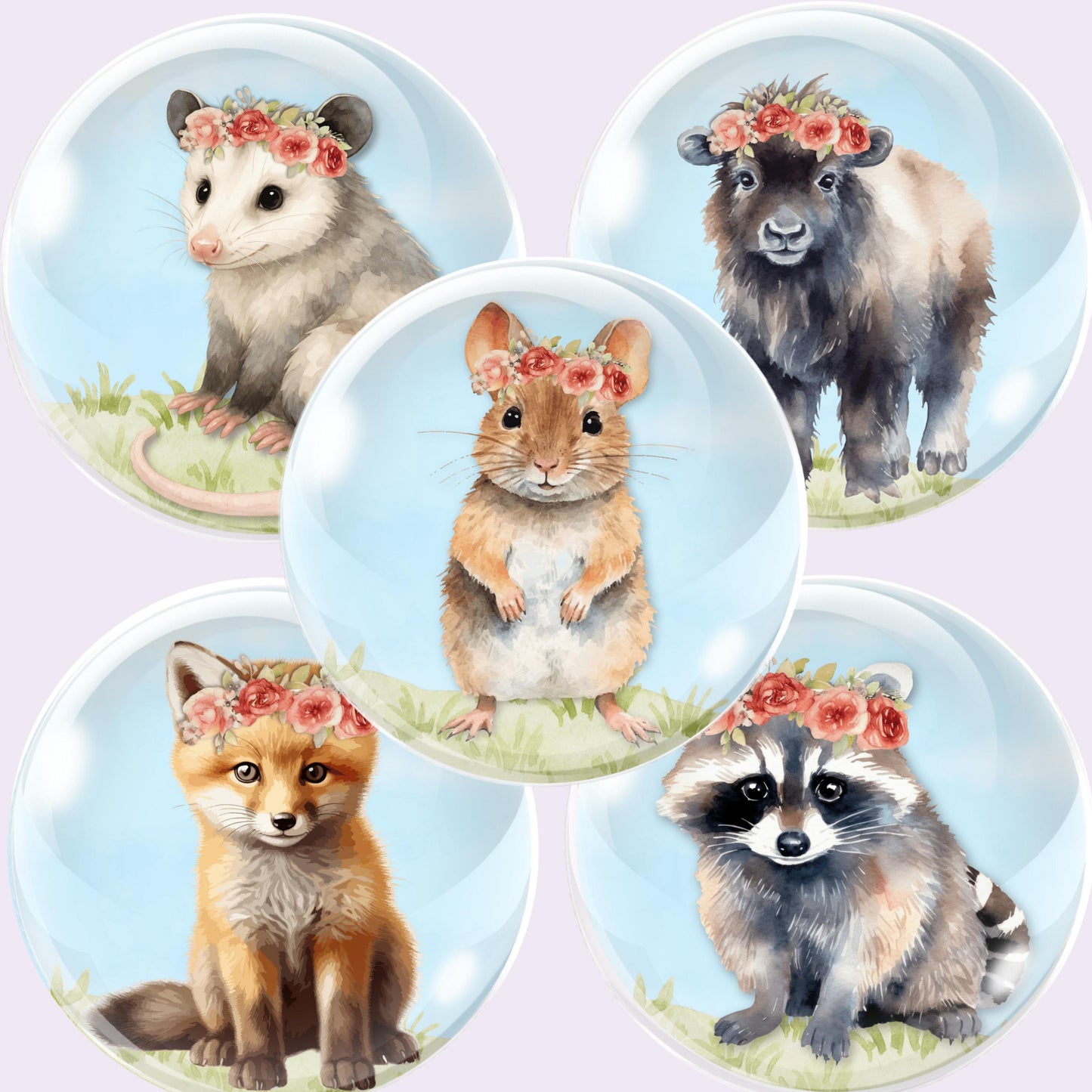 Baby Animal Flower Crown Cabochon Printable Circles
