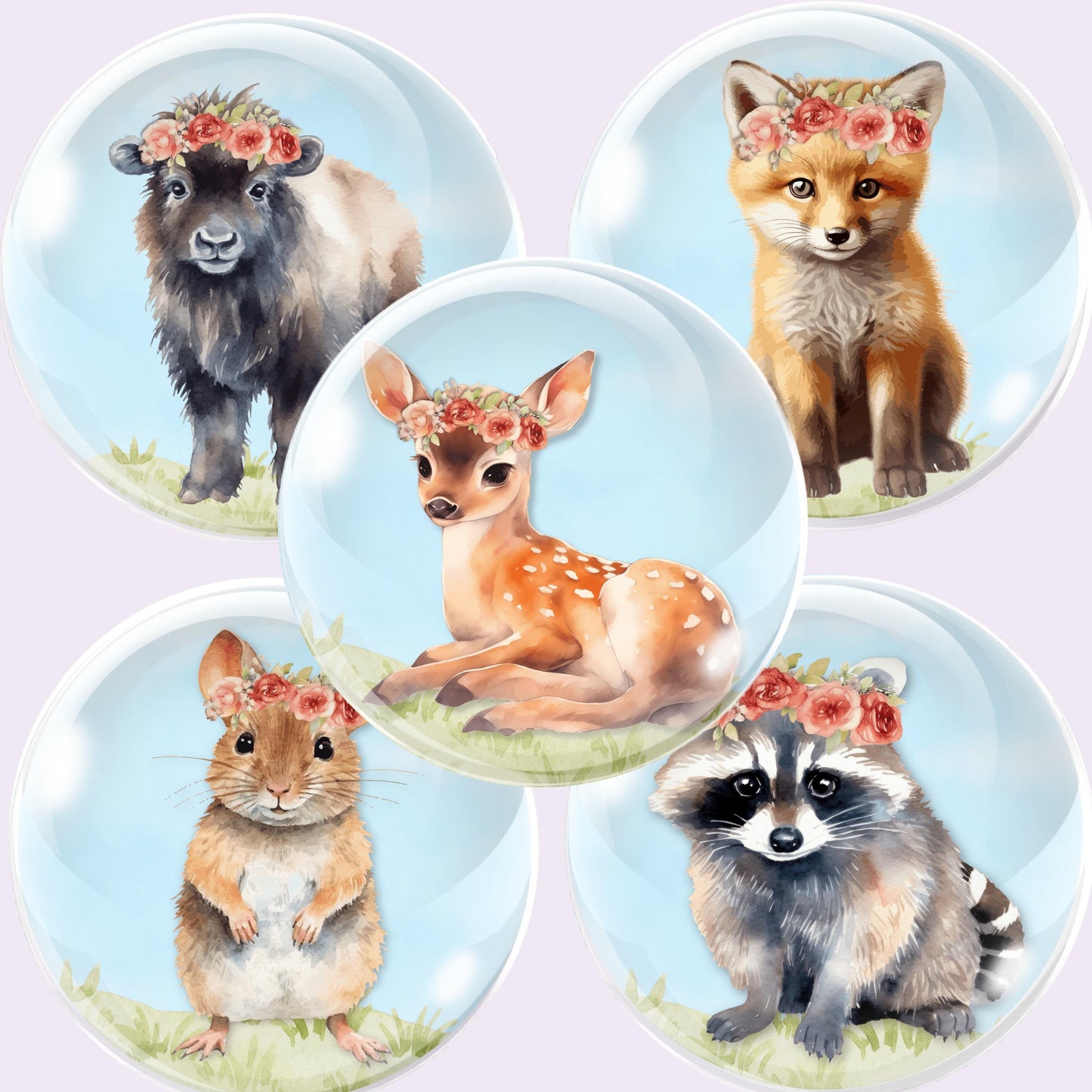 Baby Animal Flower Crown Cabochon Printable Circles