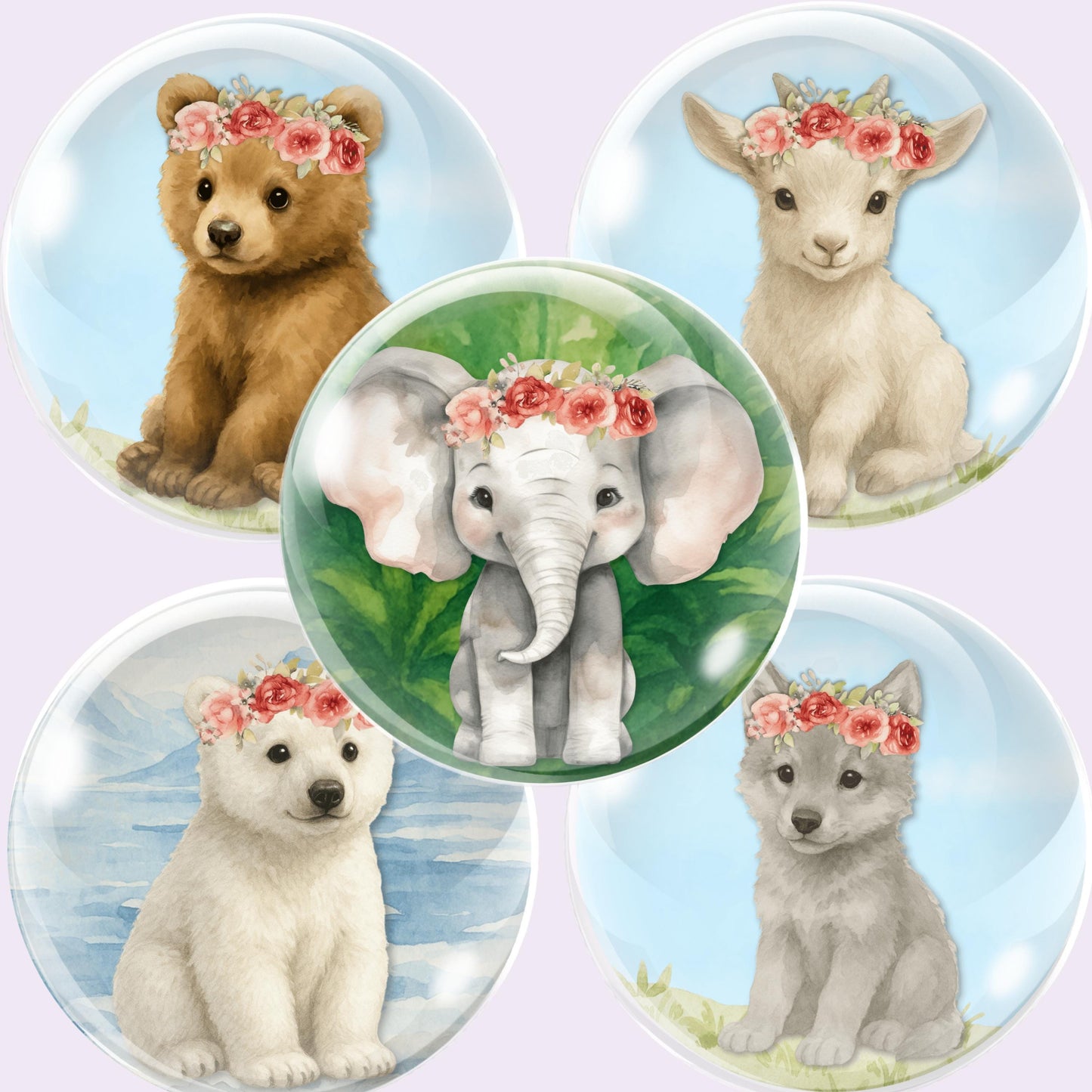 Set of five animal cabochon circles with floral crowns on a light purple background