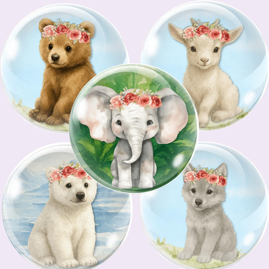 Set of five animal cabochon circles with floral crowns on a light purple background