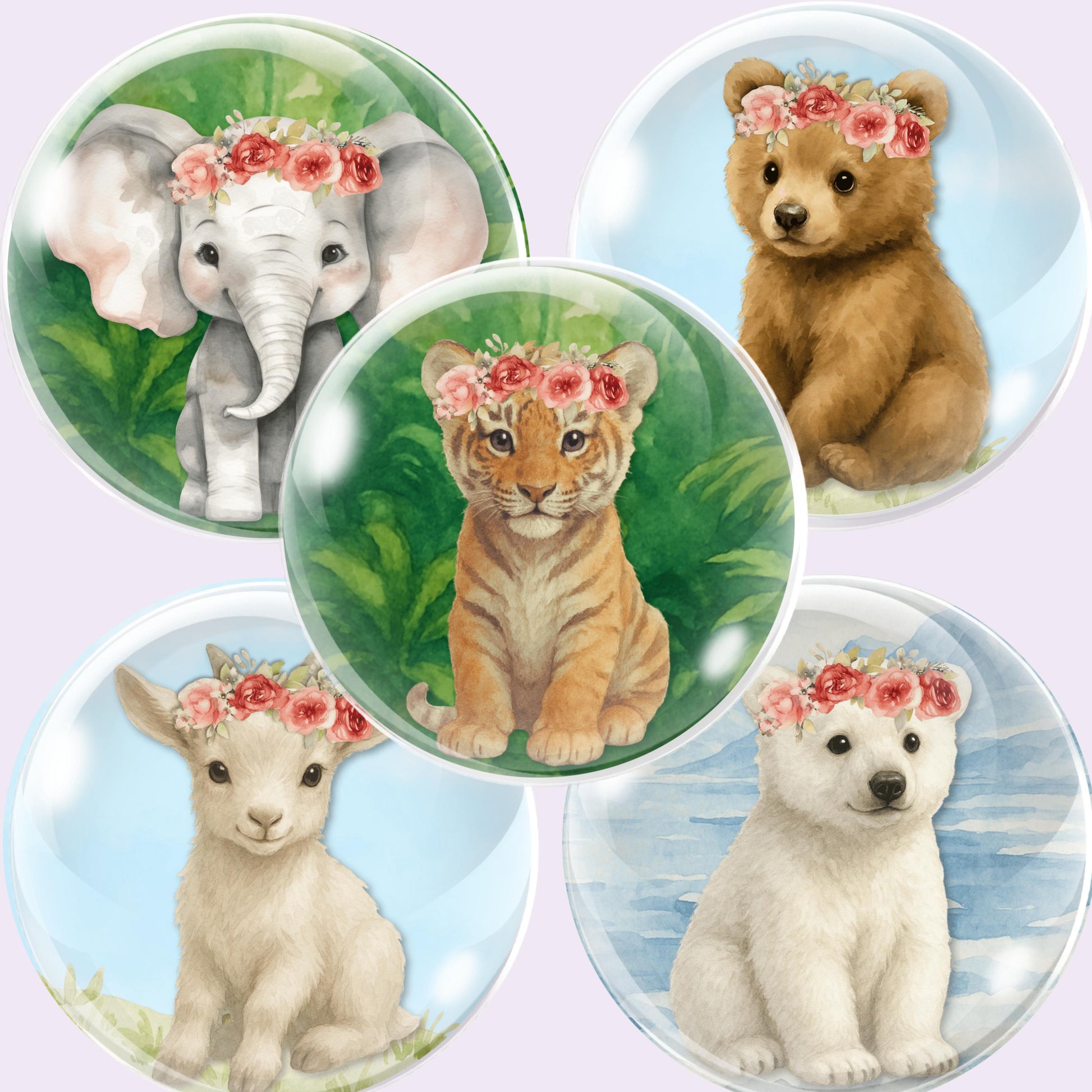 Five circular images of baby animals with floral crowns on a light purple background.